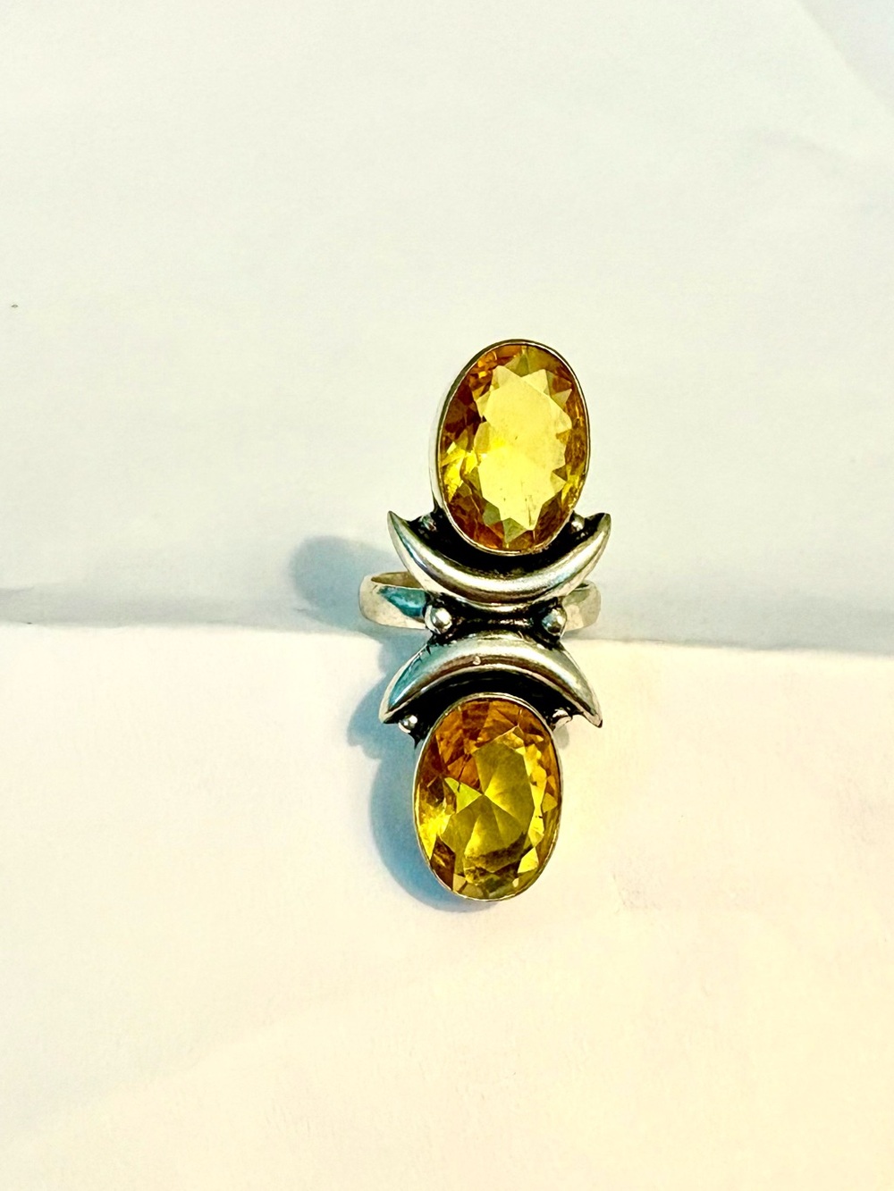 Beautiful ,1 1/2  inch, 925 marked, 2, faceted Citrine ring, size 6. - Picture 2 of 5